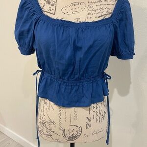 Uniqlo Blue Gathered Cropped Short Sleeve Blouse